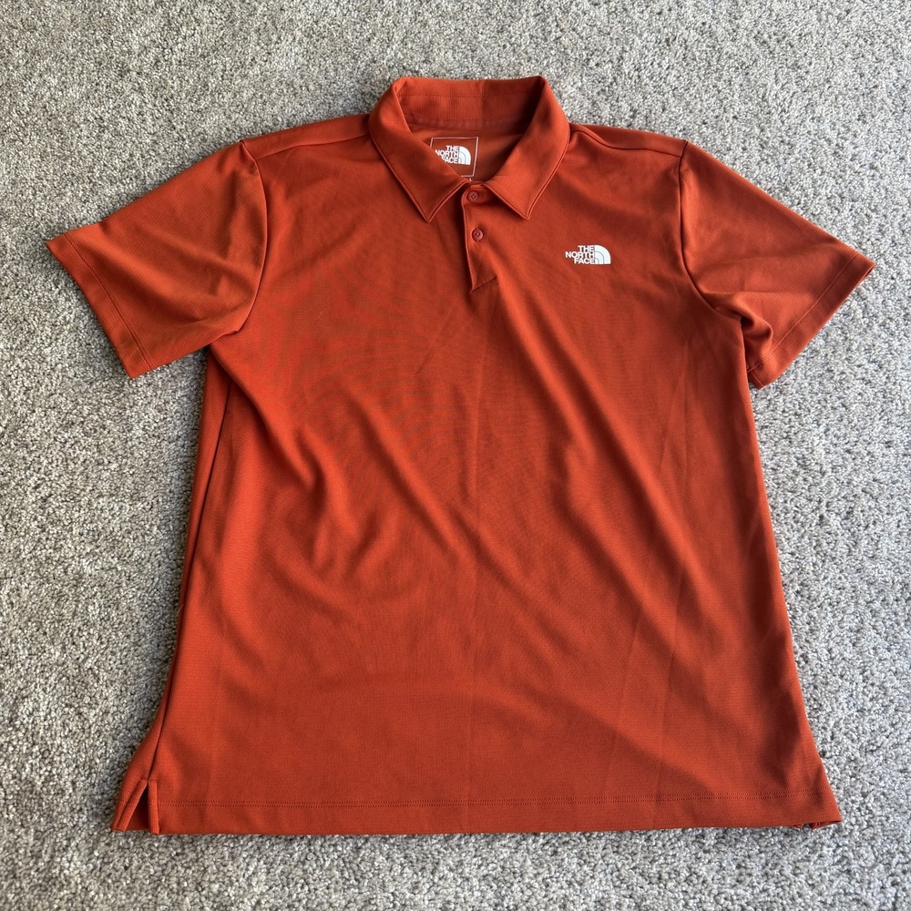 The North Face Polo Shirt Mens L Orange Solid Polyester Knit Short Sleeve Logo